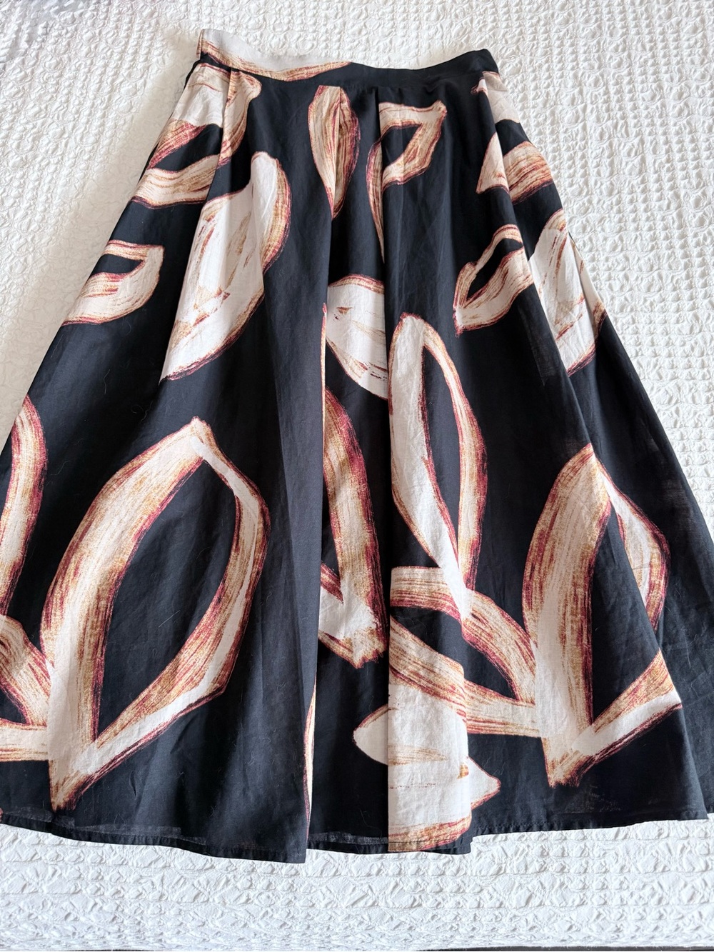 DKNY Cotton Abstract A-Line Midi Skirt Pockets Black Cream Brown Women’s Small